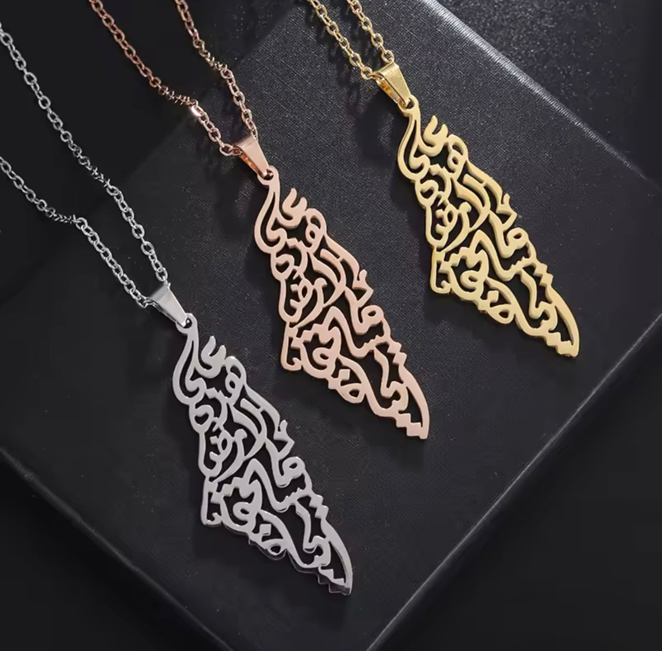 Palästina-Kette mit arabischer Kalligrafie – Edelstahl in Gold, Roségold & Silber